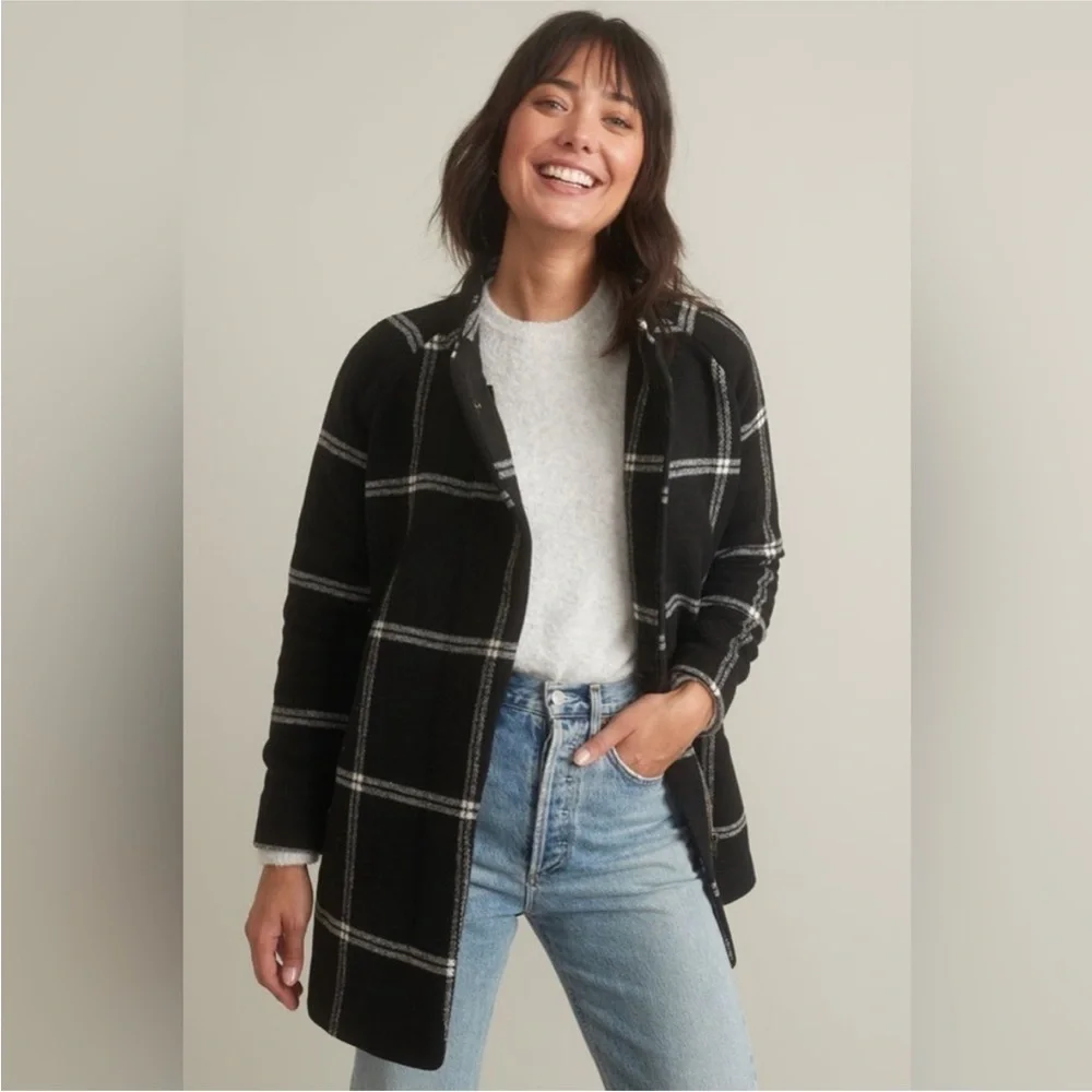 Marine Layer Coat Stephanie Cocoon Wool Zip Up in Plaid Black White